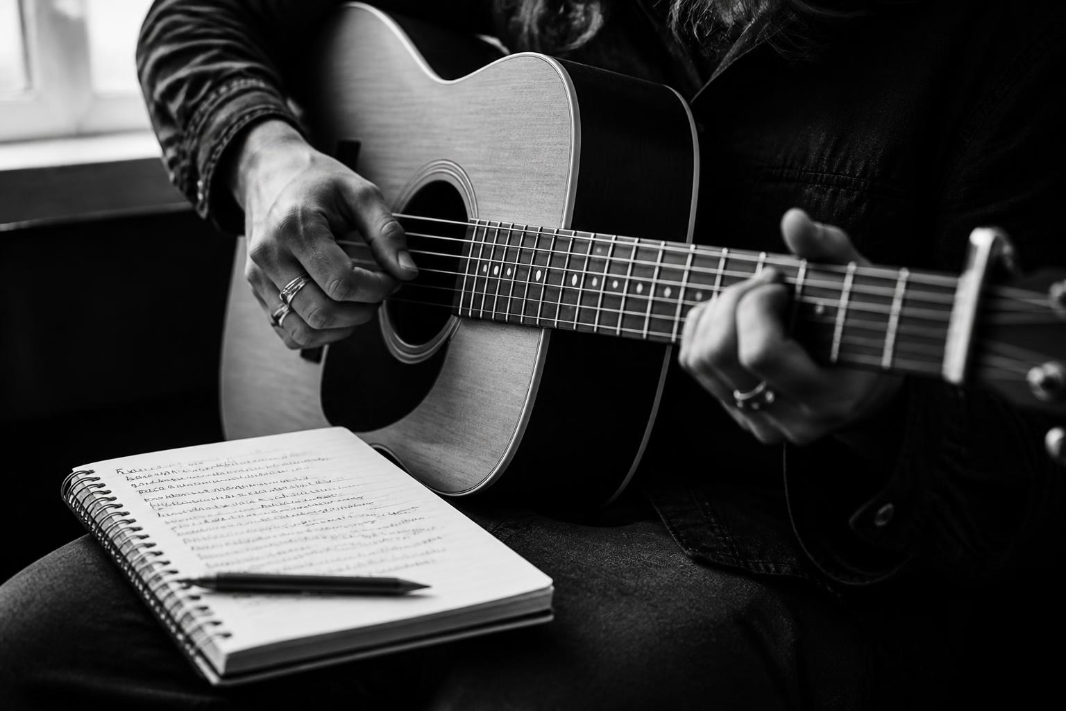 A young songwriter cradling an acoustic guitar with a lyrics notebook on their lap